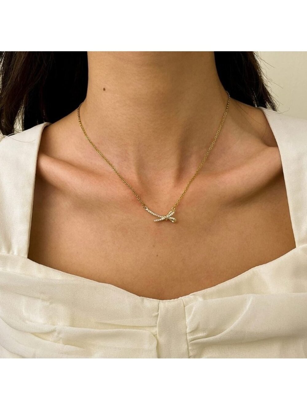 Gold 14k Gold Plated Bow CZ Pendant Chain Necklace